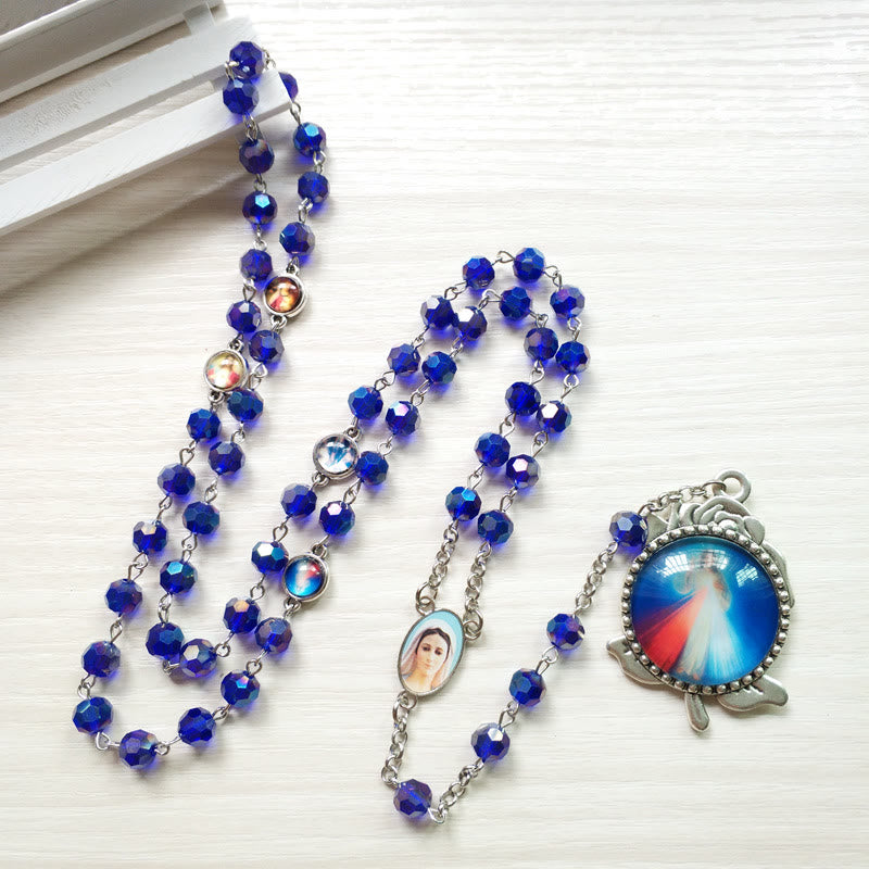 Our Lady of Fátima & Sacred Heart of Jesus of 6 mm Polyhedron Blue Crystal Alloy Chain Rosary - Blue - image 1