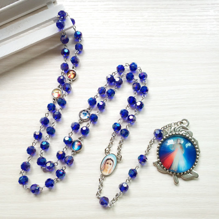 Our Lady of Fátima & Sacred Heart of Jesus of 6 mm Polyhedron Blue Crystal Alloy Chain Rosary - Blue - image 1
