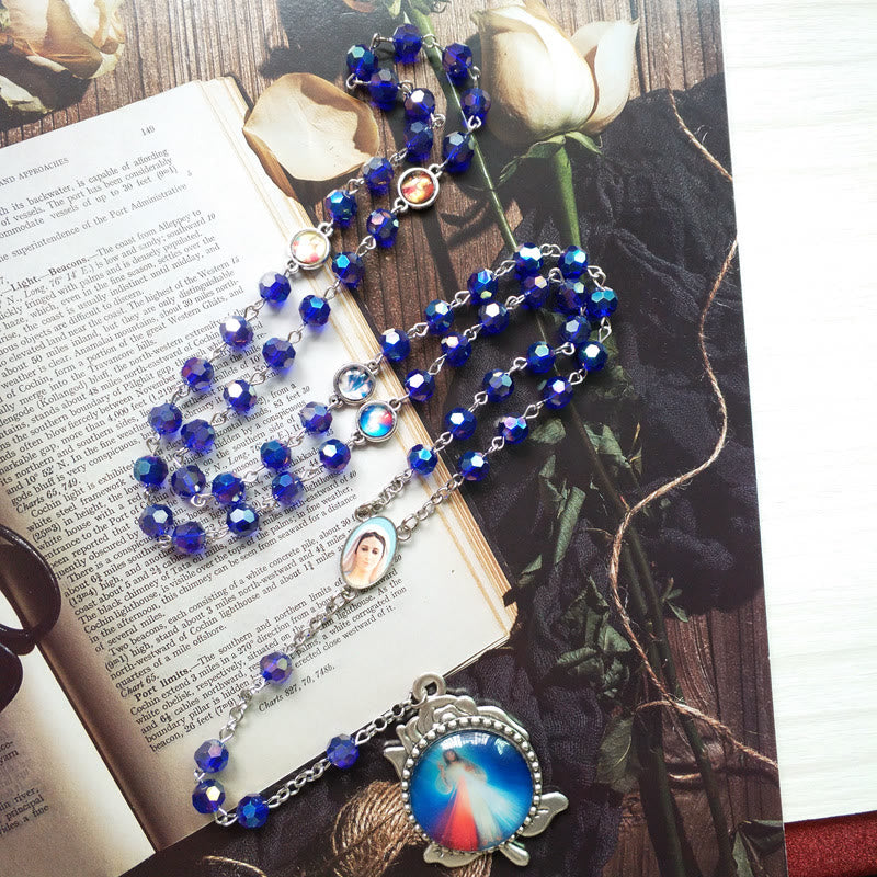 Our Lady of Fátima & Sacred Heart of Jesus of 6 mm Polyhedron Blue Crystal Alloy Chain Rosary - image 2
