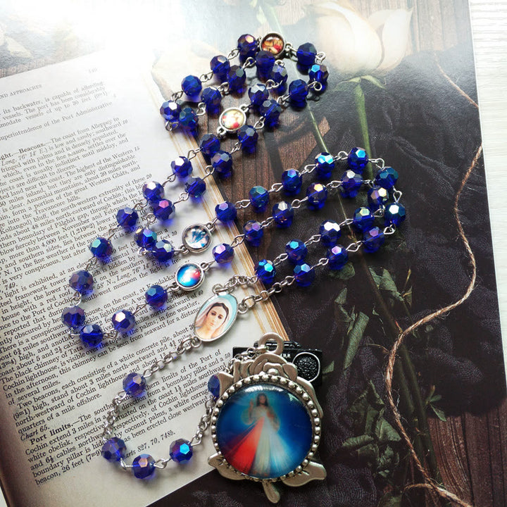 Our Lady of Fátima & Sacred Heart of Jesus of 6 mm Polyhedron Blue Crystal Alloy Chain Rosary - image 5