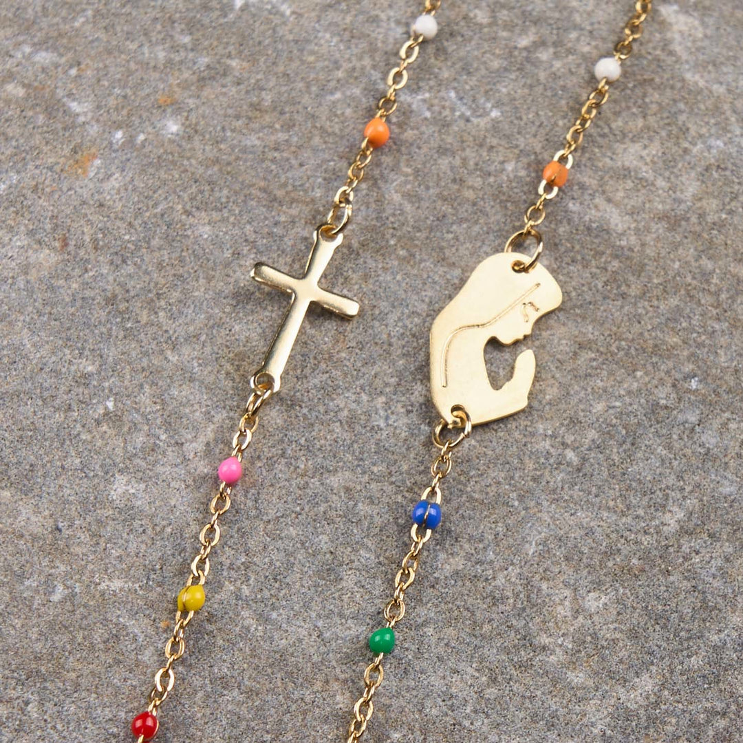 Fresh Elegant Style Colorful Clavicle Chain Necklace with Cross & 5 Medals Options - Praying Mother - image 8