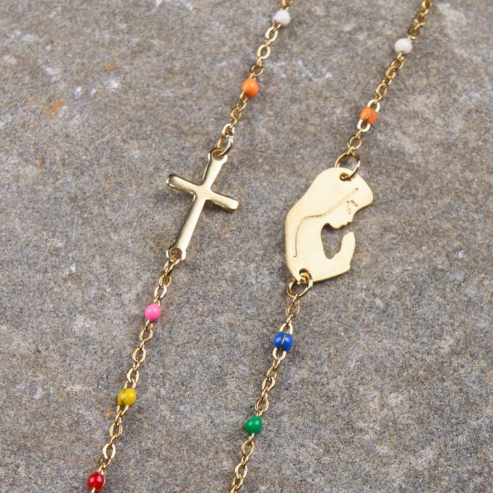 Fresh Elegant Style Colorful Clavicle Chain Necklace with Cross & 5 Medals Options - Praying Mother - image 8