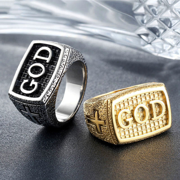 Christianartworkshop Retro Heavy Style GOD Divine Devotion Pattern Alloy Ring(3 color) - Silver - UK Size O（US 7） - image 0
