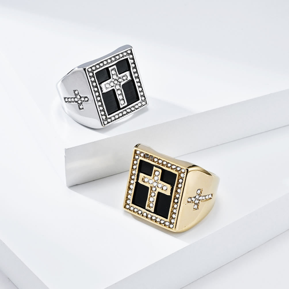 Christianartworkshop Retro Hip-hop Style Cross Titanium Steel Square Ring - image 0