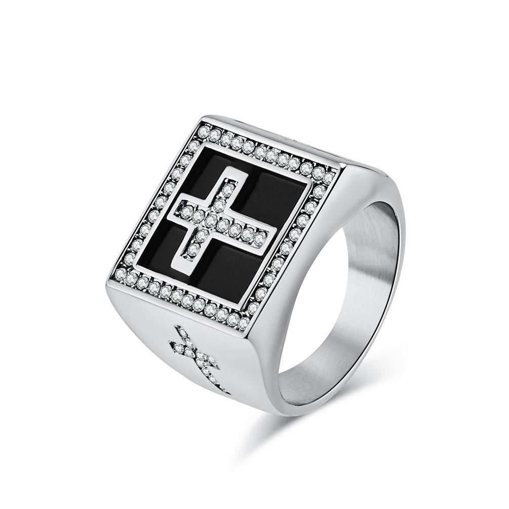 Christianartworkshop Retro Hip-hop Style Cross Titanium Steel Square Ring - image 1