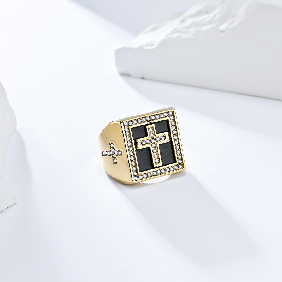 Christianartworkshop Retro Hip-hop Style Cross Titanium Steel Square Ring - image 3