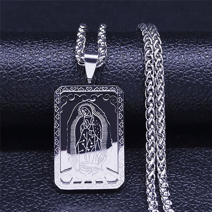 Classic Style Our Lady of Guadalupe Square Hangtag Stainless Steel Pendant Necklace - Silver - image 2