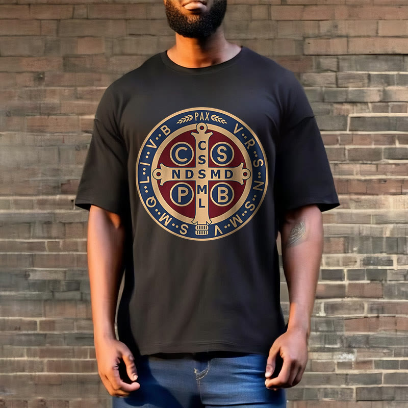 Christianartworkshop Classic Colored Style St. Benedict Protector Icon Short Sleeve T-shirt - image 1
