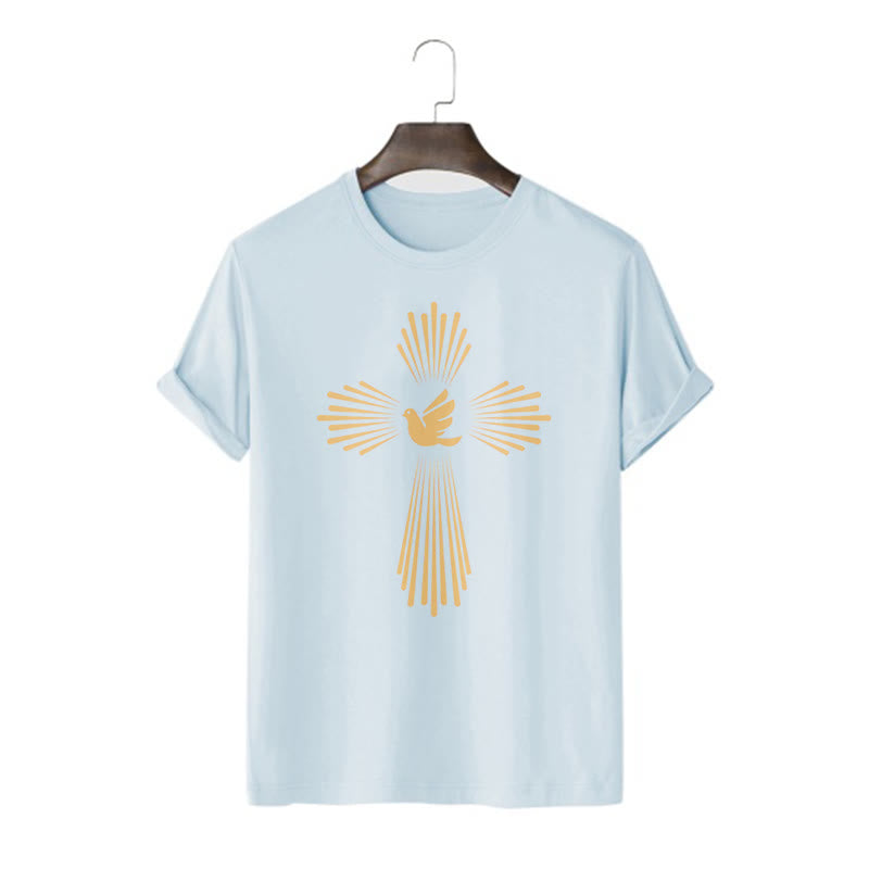 Christianartworkshop Minimalist Style Holy Spirit Dove Golden Cross and Short Sleeve T-shirt - Blue - 2XL - image 17