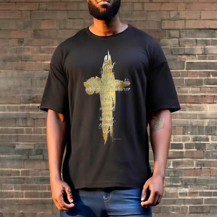 Christianartworkshop Quotation Style Golden Cross Scripture - John 3:16 Short Sleeve T-shirt - image 7