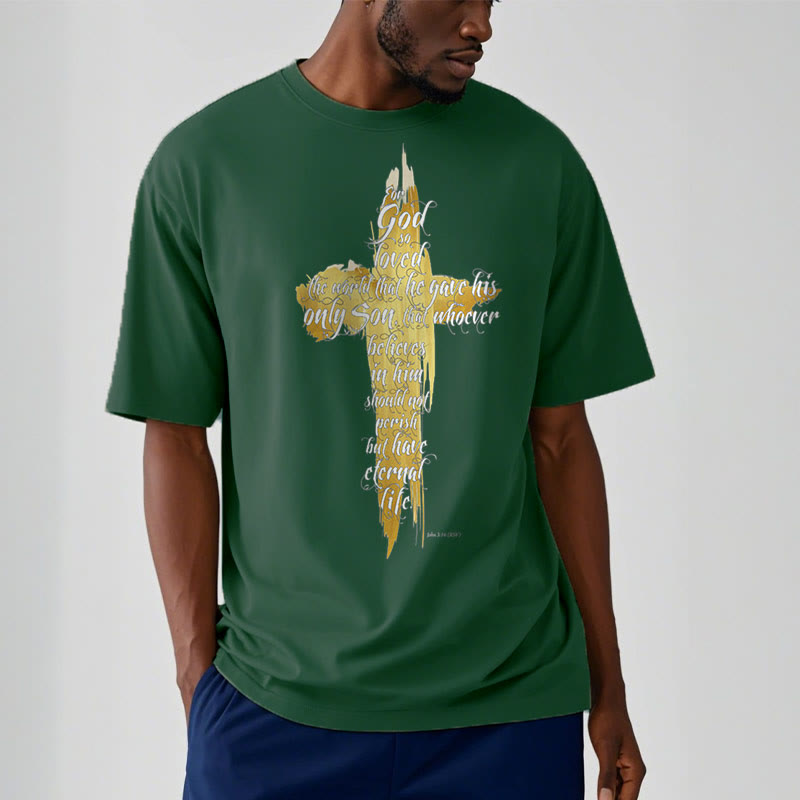 Christianartworkshop Quotation Style Golden Cross Scripture - John 3:16 Short Sleeve T-shirt - image 10
