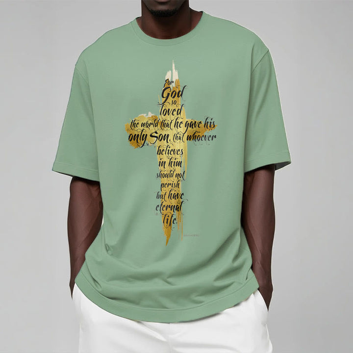 Christianartworkshop Quotation Style Golden Cross Scripture - John 3:16 Short Sleeve T-shirt - image 12