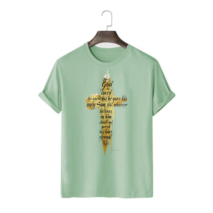 Christianartworkshop Quotation Style Golden Cross Scripture - John 3:16 Short Sleeve T-shirt - Light Green - 2XL - image 12