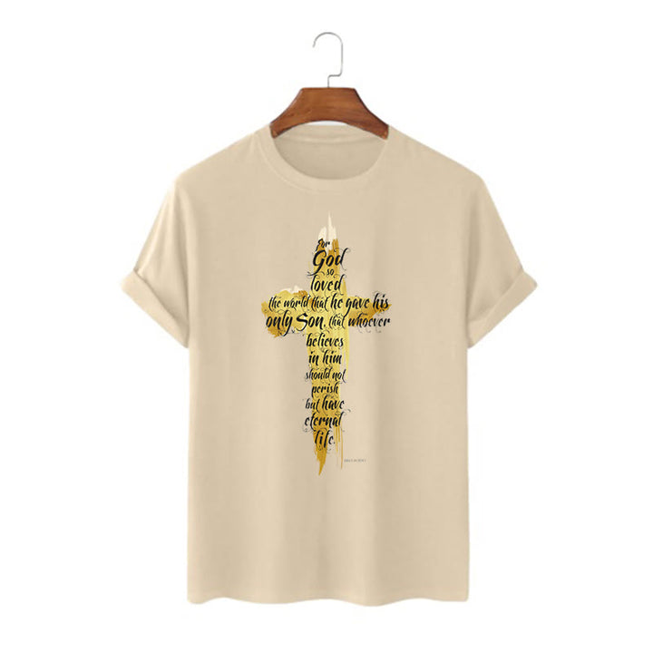 Christianartworkshop Quotation Style Golden Cross Scripture - John 3:16 Short Sleeve T-shirt - Khaki - 2XL - image 8