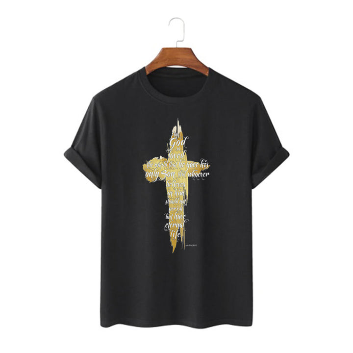 Christianartworkshop Quotation Style Golden Cross Scripture - John 3:16 Short Sleeve T-shirt - Black - 2XL - image 3