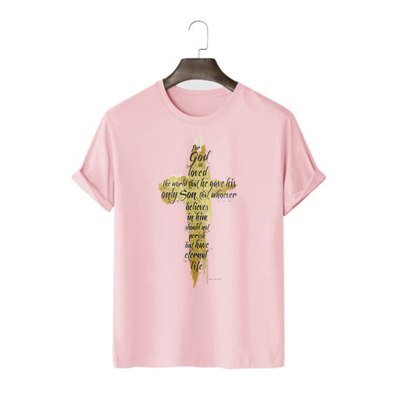 Christianartworkshop Quotation Style Golden Cross Scripture - John 3:16 Short Sleeve T-shirt - Pink - 2XL - image 13