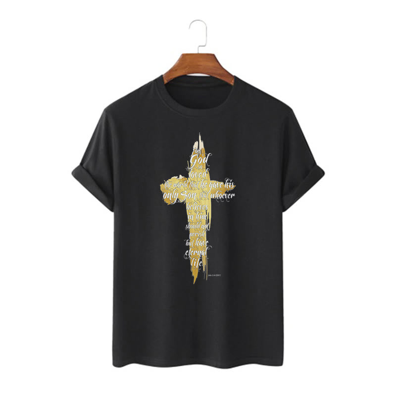 Christianartworkshop Quotation Style Golden Cross Scripture - John 3:16 Short Sleeve T-shirt - Black - 2XL - image 4