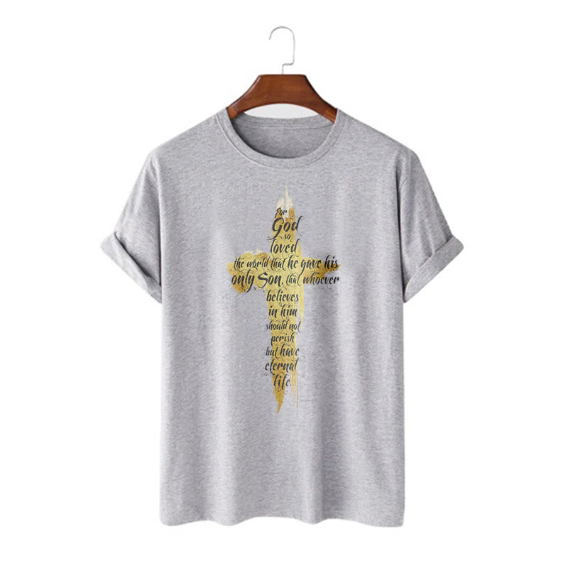 Christianartworkshop Quotation Style Golden Cross Scripture - John 3:16 Short Sleeve T-shirt - Grey - 2XL - image 18