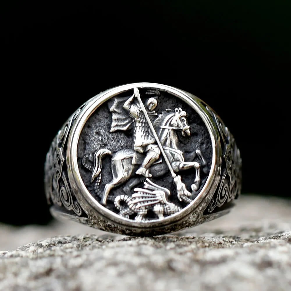 Christianartworkshop Classic Retro Style St. George Dargon Figurine Alloy Ring - image 2
