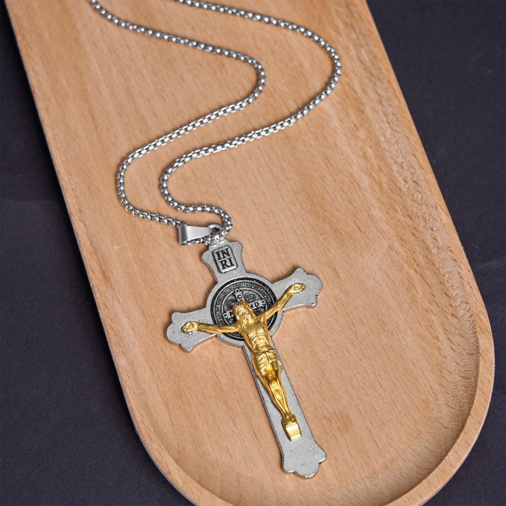 Classic Style St. Benedict Icon Jesus Crucifix Alloy Pendant Necklace - image 1