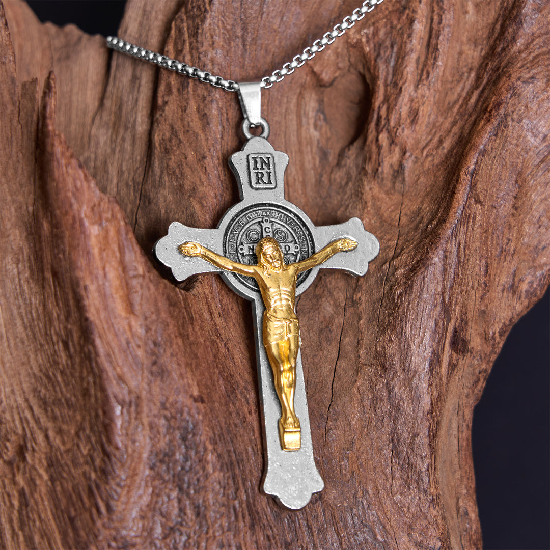 Classic Style St. Benedict Icon Jesus Crucifix Alloy Pendant Necklace - Jesus Cross - Sideways Chain - image 0