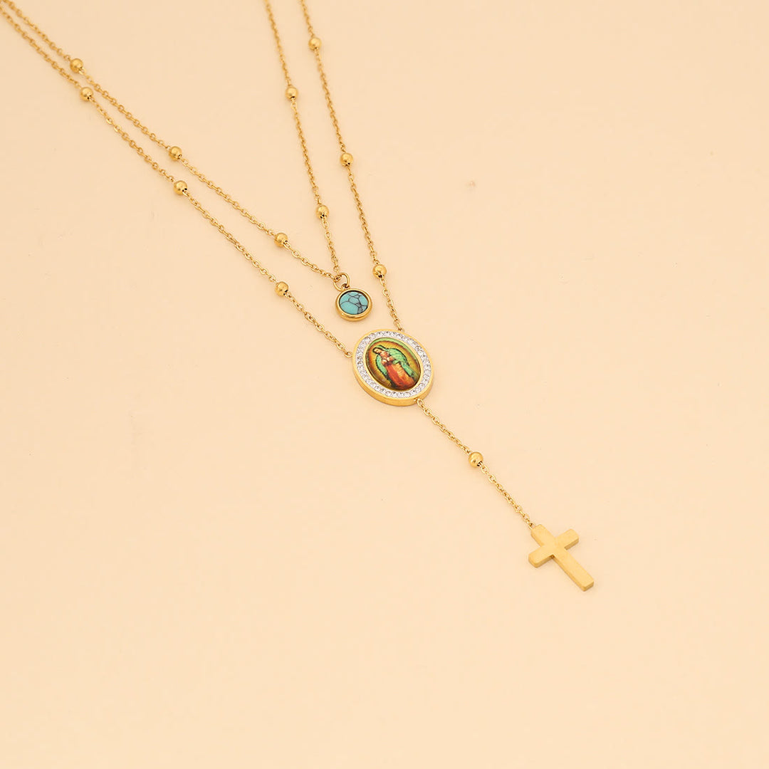 Minimalist Style Double Layered Our Lady of Guadalupe Turquoise Cross Necklace - image 1