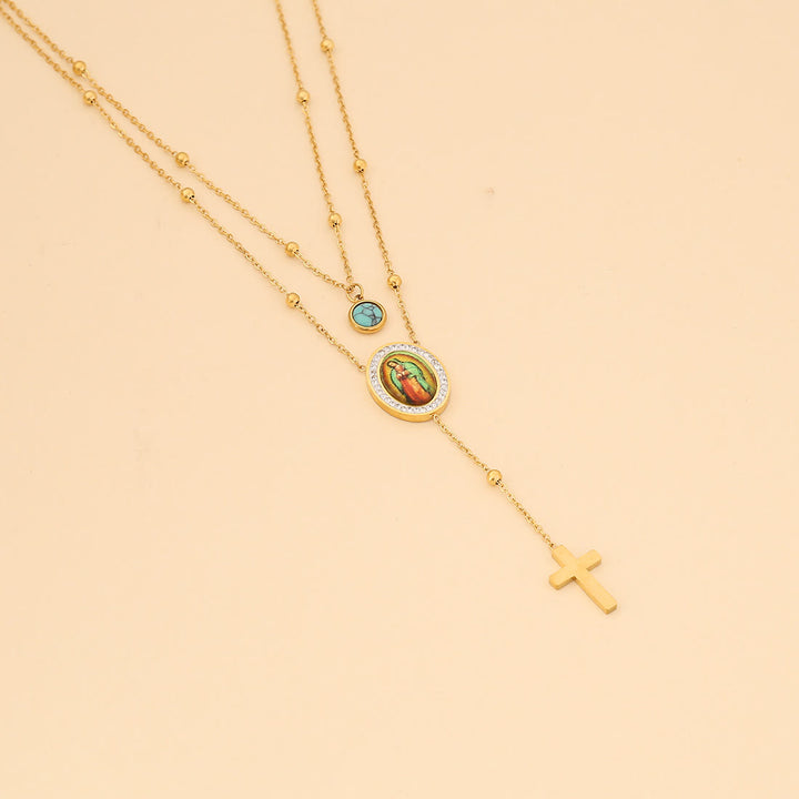 Minimalist Style Double Layered Our Lady of Guadalupe Turquoise Cross Necklace - image 1