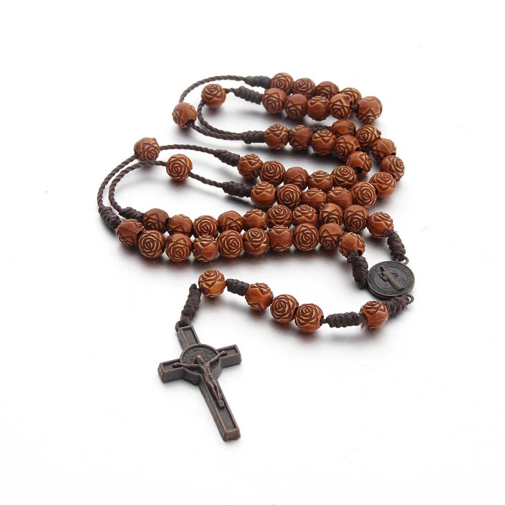St. Benedict Medal & Crucifix of 8 mm Rose Brown Acrylic Nylon Cord Rosary - Brown - image 0