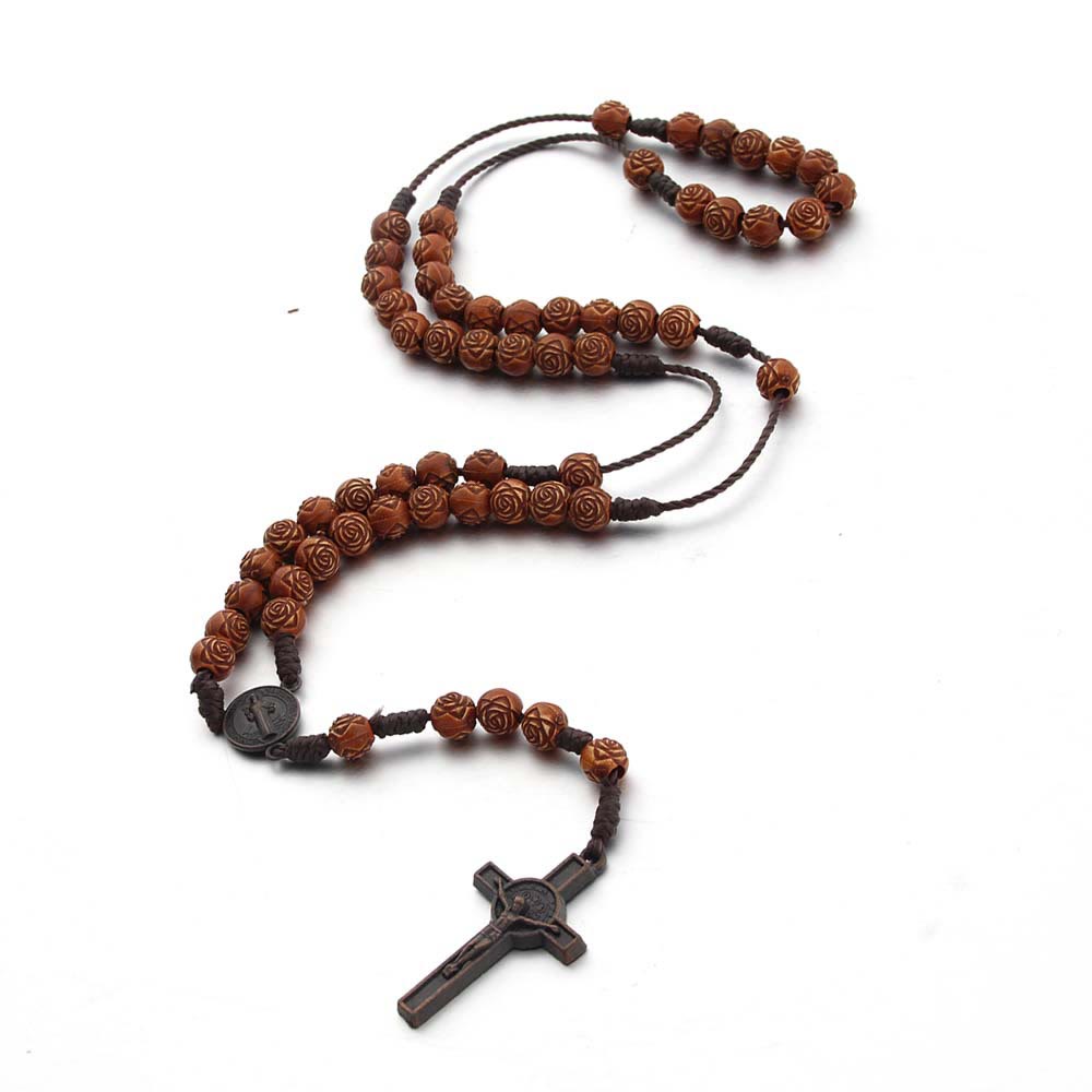 St. Benedict Medal & Crucifix of 8 mm Rose Brown Acrylic Nylon Cord Rosary - image 1