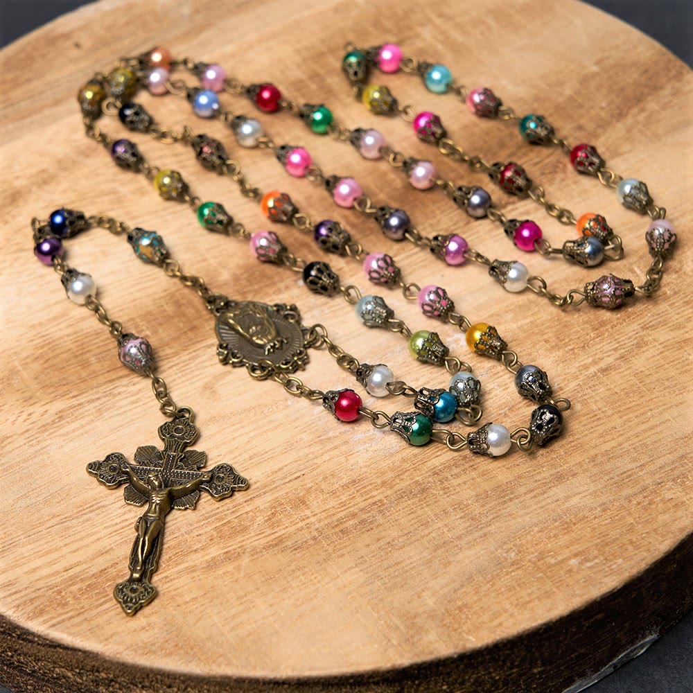Our Lady of Fátima & Crucifix of 6 mm Round Multicolor Acrylic Alloy Chain Rosary - 🔥3 PCS - image 1