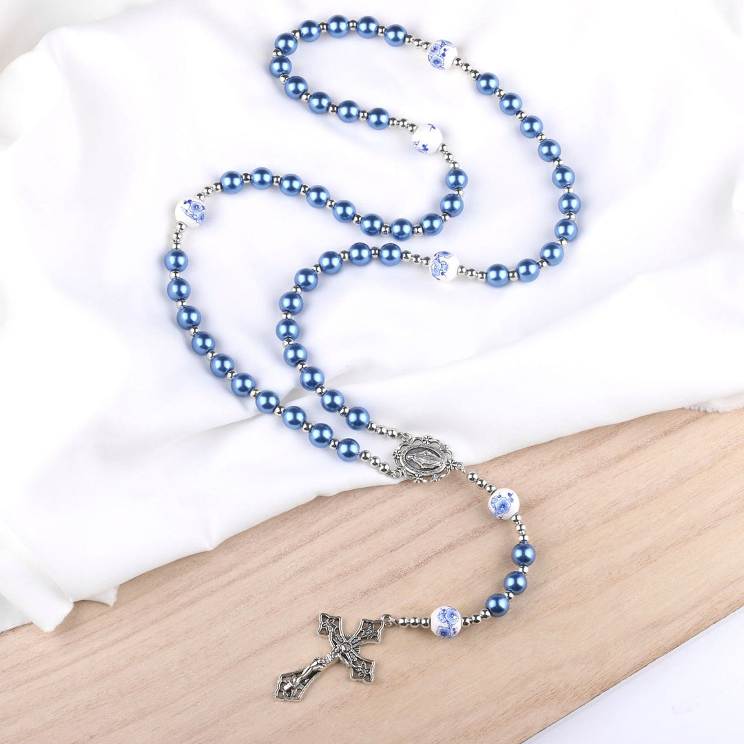 Miraculous Medal & Crucifix of 8 mm Round Multicolor Pearl Nylon Cord Rosary
