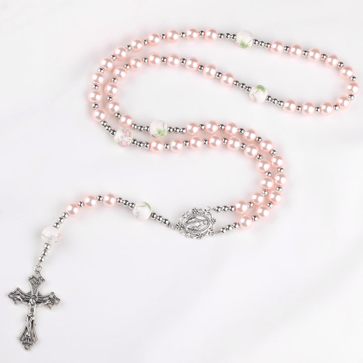 Miraculous Medal & Crucifix of 8 mm Round Multicolor Pearl Nylon Cord Rosary