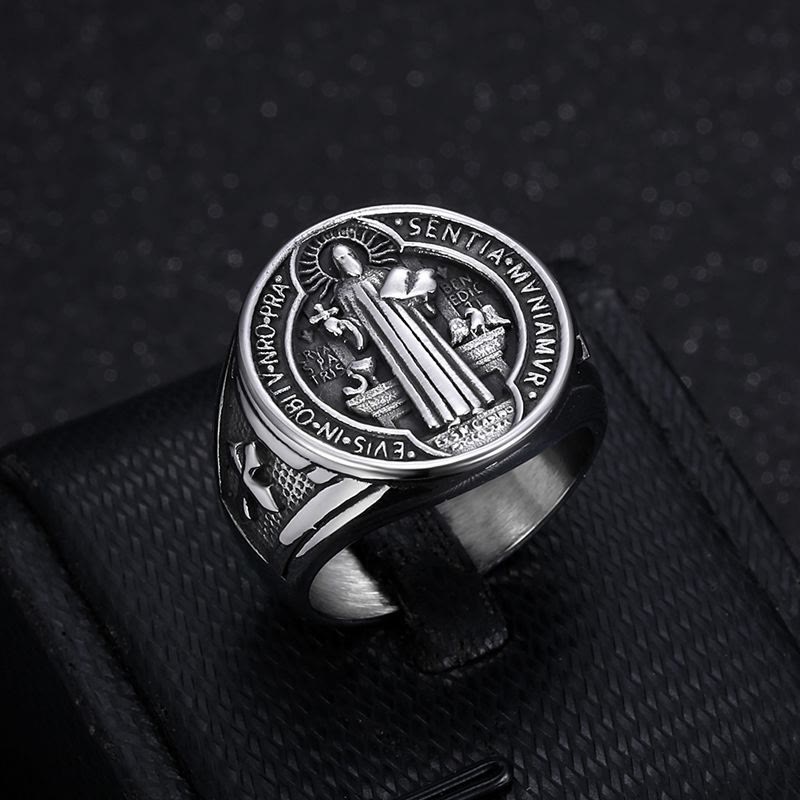Classic Retro St. Benedict Faith Protection Crafted Titanium Steel Ring
