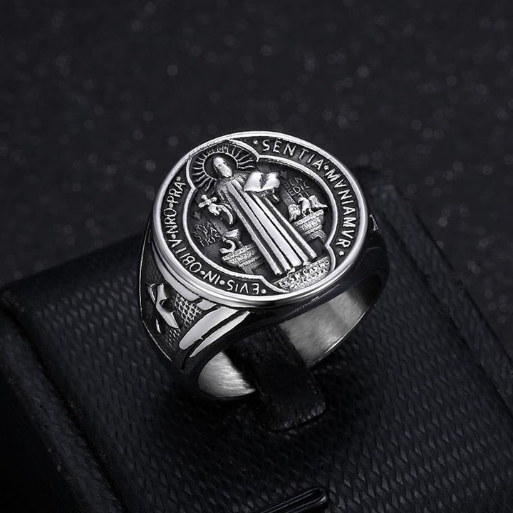 Classic Retro St. Benedict Faith Protection Crafted Titanium Steel Ring