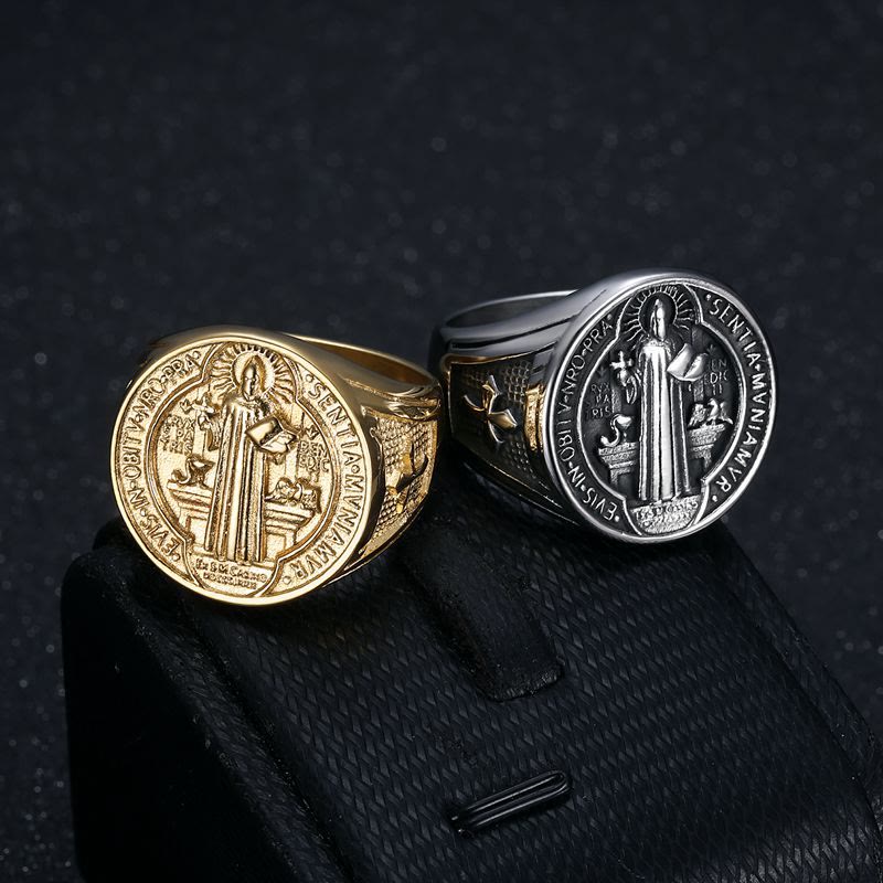Classic Retro St. Benedict Faith Protection Crafted Titanium Steel Ring