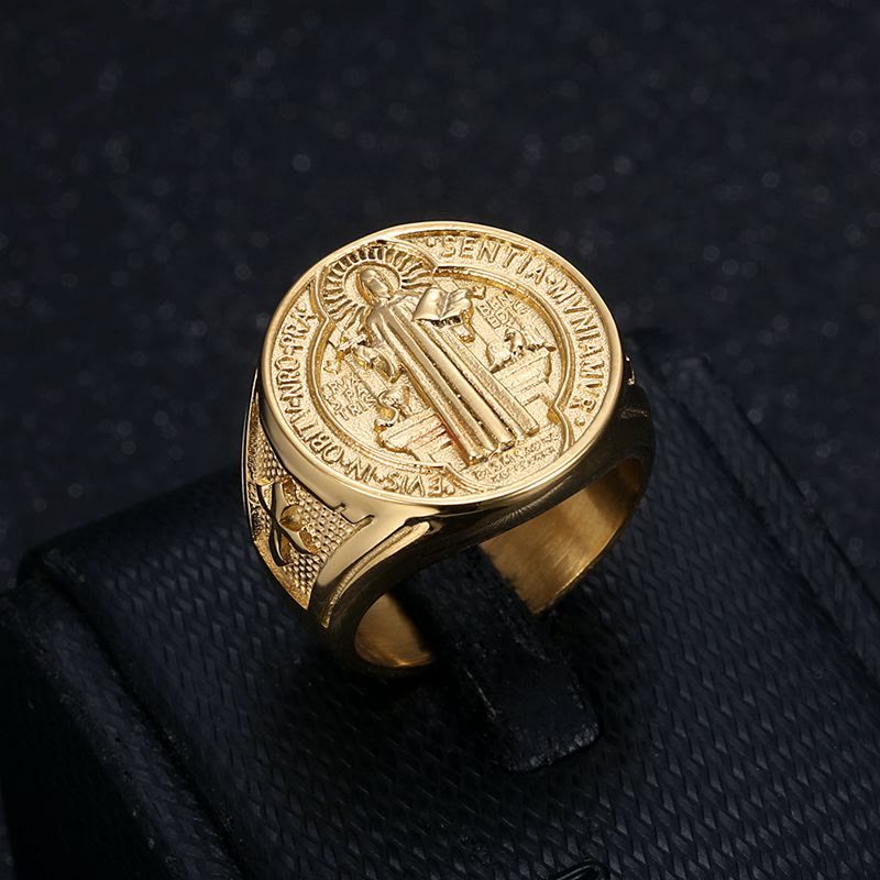 Classic Retro St. Benedict Faith Protection Crafted Titanium Steel Ring