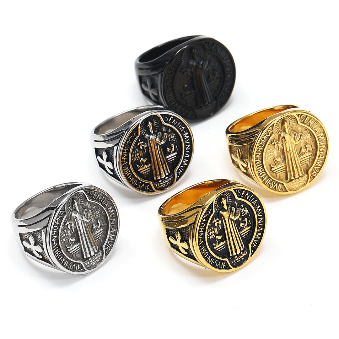 Classic Retro St. Benedict Faith Protection Crafted Titanium Steel Ring