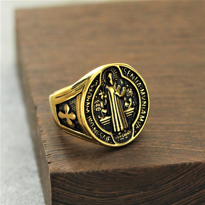 Christianartworkshop Classic Retro St. Benedict Faith Protection Crafted Titanium Steel Ring - image 5