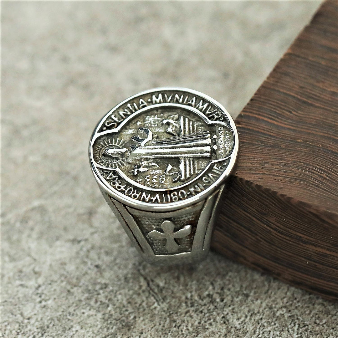 Classic Retro St. Benedict Faith Protection Crafted Titanium Steel Ring
