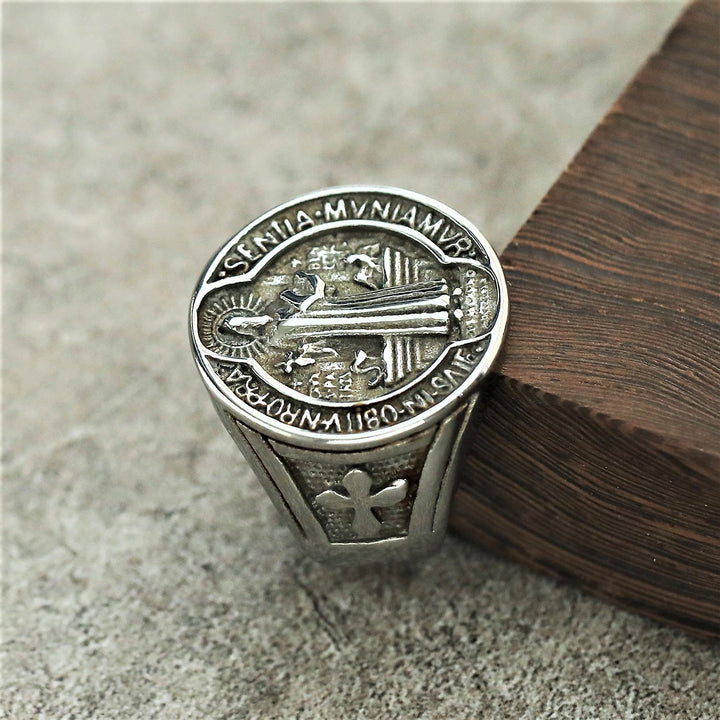 Classic Retro St. Benedict Faith Protection Crafted Titanium Steel Ring