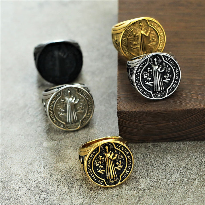 Classic Retro St. Benedict Faith Protection Crafted Titanium Steel Ring