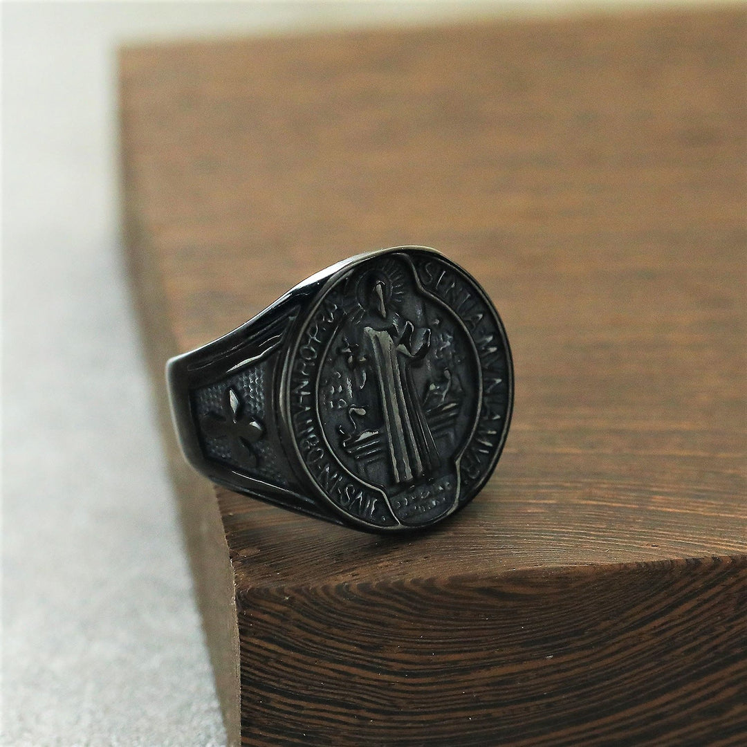 Christianartworkshop Classic Retro St. Benedict Faith Protection Crafted Titanium Steel Ring - image 7