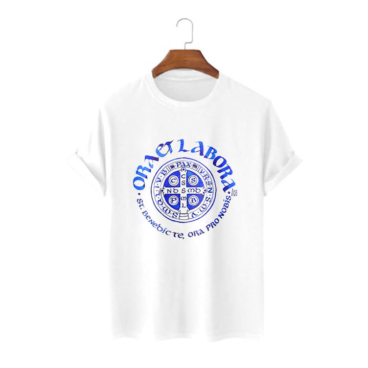 Classic Style Ora et Labora Saint Benedict Medal Short Sleeve Washed T-shirt