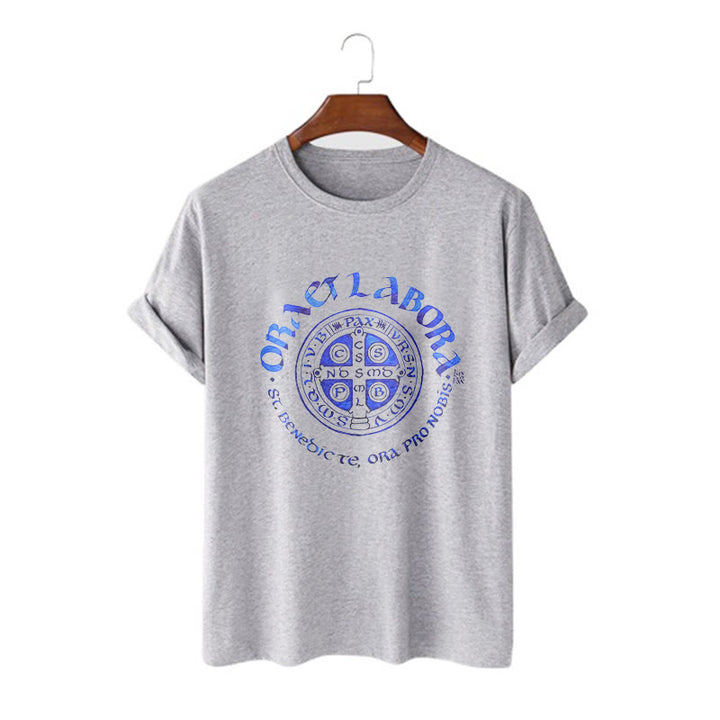 Classic Style Ora et Labora Saint Benedict Medal Short Sleeve Washed T-shirt