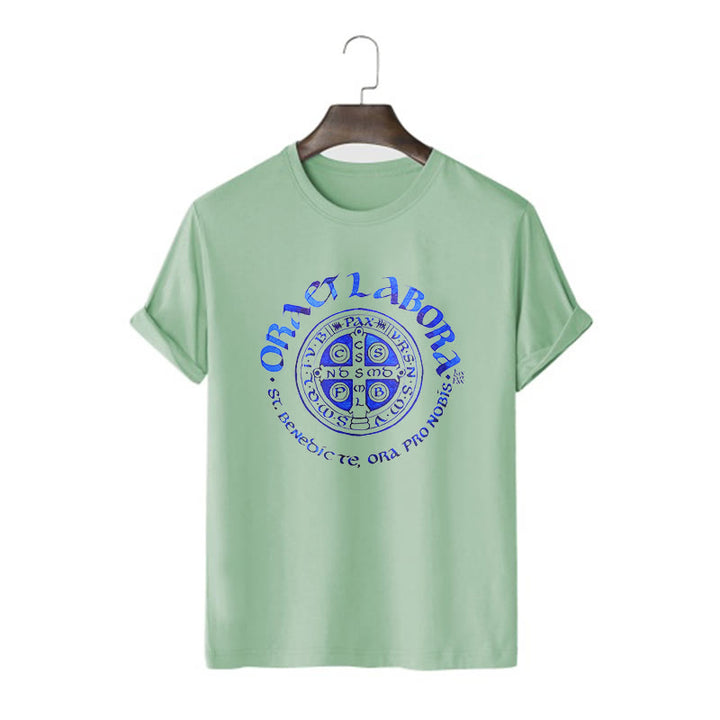 Classic Style Ora et Labora Saint Benedict Medal Short Sleeve Washed T-shirt