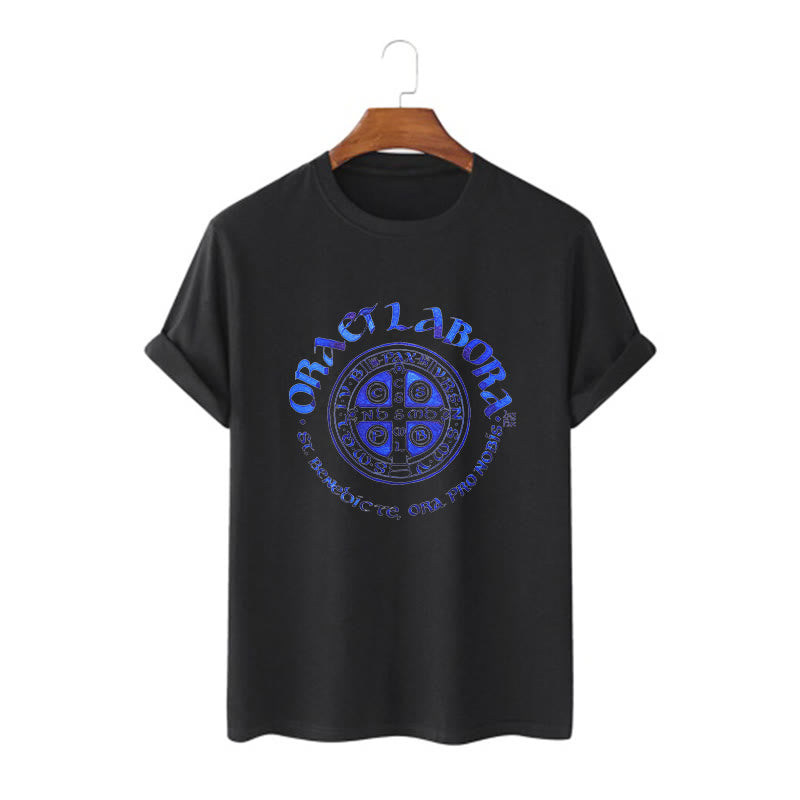 Classic Style Ora et Labora Saint Benedict Medal Short Sleeve Washed T-shirt