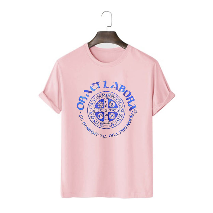 Classic Style Ora et Labora Saint Benedict Medal Short Sleeve Washed T-shirt