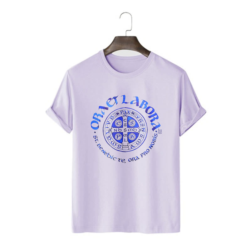 Classic Style Ora et Labora Saint Benedict Medal Short Sleeve Washed T-shirt