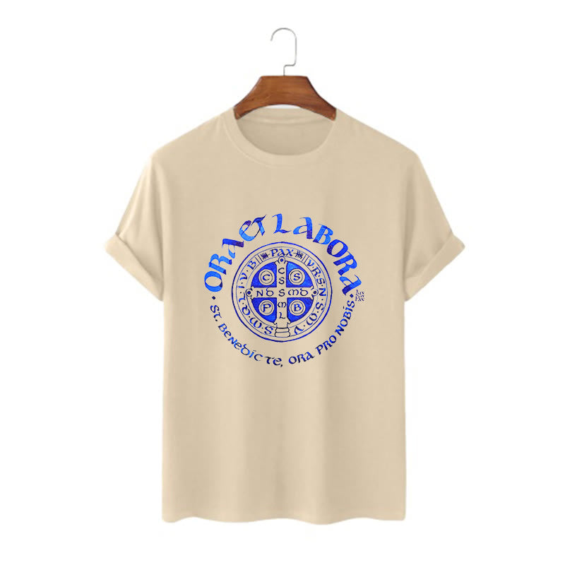 Classic Style Ora et Labora Saint Benedict Medal Short Sleeve Washed T-shirt
