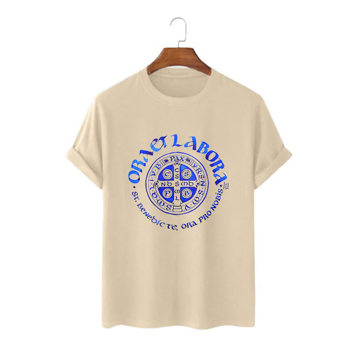 Classic Style Ora et Labora Saint Benedict Medal Short Sleeve Washed T-shirt